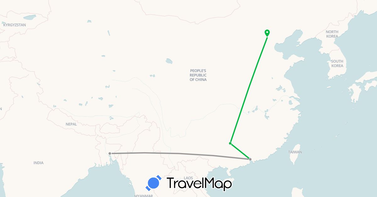 TravelMap itinerary: driving, bus, plane in Bangladesh, China (Asia)